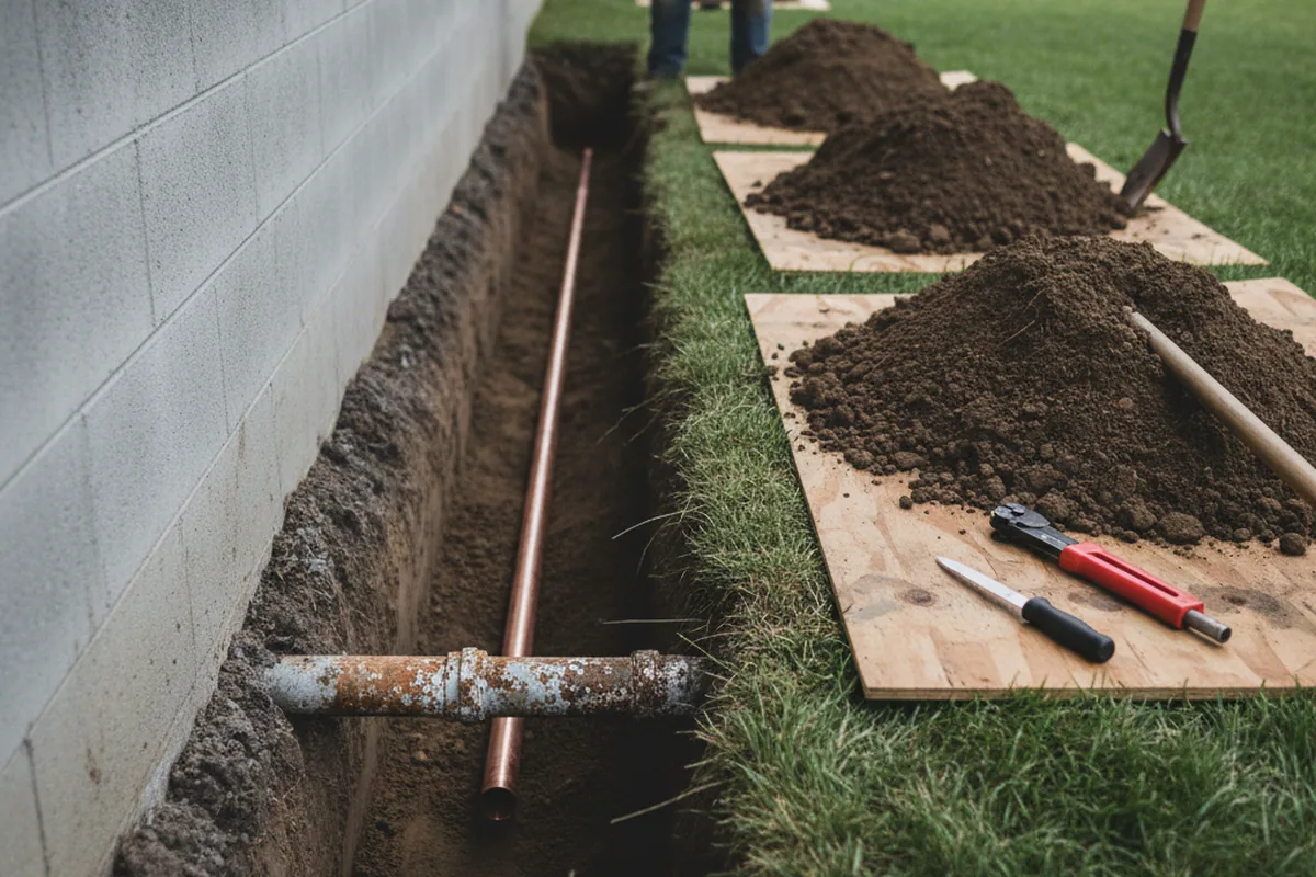 Excavated water line trench during Water Softener Installation in Harrison Township